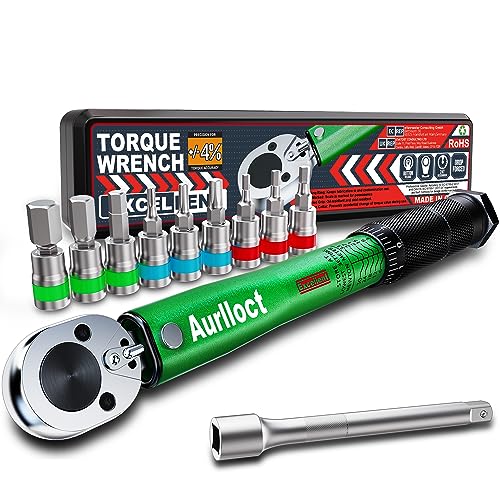 Aurlloct Drehmomentschlüssel 1/4 Zoll, Fahrrad & Motorrad, 11-tlg. 3-33 Nm Drehmomentschlüssel Set inkl. Verlängerung mit 10 cm, Hex und Torx Bit Steckschlüsseleinsätze Grün von Aurlloct