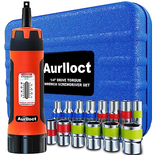 Aurlloct MicroClick Drehmomentschlüssel 1/4 Zoll, 1-8 Nm Drehmomentschraubendreher, Premium Drehmomentschrauber mit 14-tlg. Steckschlüssel, Adapter 1/4" zu Sechskant, 15-tlg. von Aurlloct