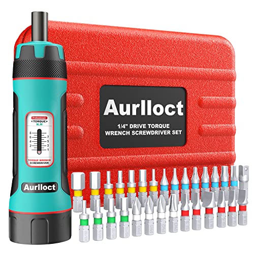Aurlloct MicroClick Drehmomentschraubendreher 1/4 Zoll, 1-8 Nm Drehmomentschlüssel, Premium Drehmomentschrauber mit 30 Bits, Adapter mit 1/4" zu Steckschlüsselein, 31-tlg. von Aurlloct