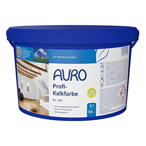 AURO Profi-Kalkfarbe Nr. 344 - 5 Liter dampfdiffusionsoffen, Vorbeugung gegen Schimmelbefall, geruchsabsorbierend, gute Haftung auf mineralischen Untergründen (Raufaser, Gipskartonplatten oder Lehm) von Auro