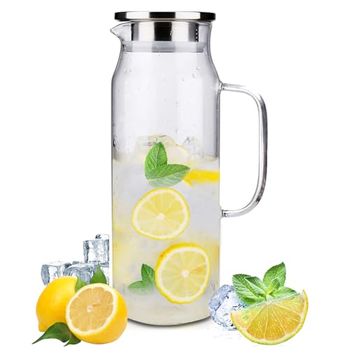 1.5 Liter/50.7 Unzen Wasserkaraffe mit Deckel, Transparent Borosilikatglas Glaskaraffe für DIY Getränke, Hitzebeständig Wasserkocher für Heißes Kaltes Wasser, Saftgetränke Wasserkrug für Eistee,Milch von Aurobest