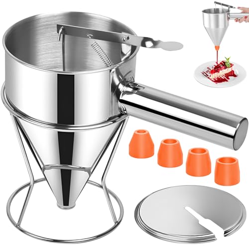 1200ml Teigportionierer mit Ständer & Deckel & 4 Ersatzdüsen, Edelstahl Pfannkuchen Teigspender, Multi-Kaliber Kuchenspender, Küche Backtrichter für Desserts, Waffeln, Muffin-Mix, Cupcake von Aurobest