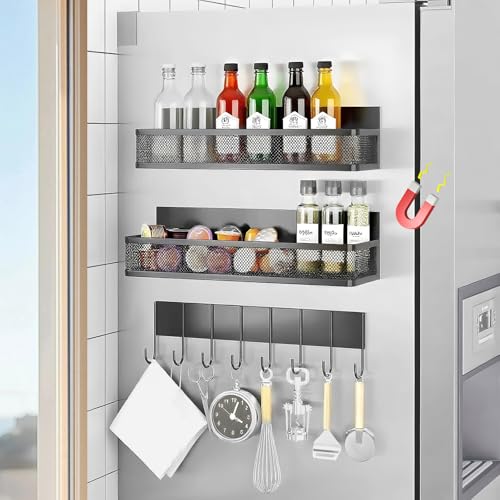 3 Stück Magnetisches Gewürzregal, Bewegliche Organizer mit 10-Haken-Regal, Ohne Bohren Gewürzregale für Kühlschrank, Küchenorganisation & Aufbewahrung Magnetregale für Waschräume,Schlafzimmer(Schwarz) von Aurobest
