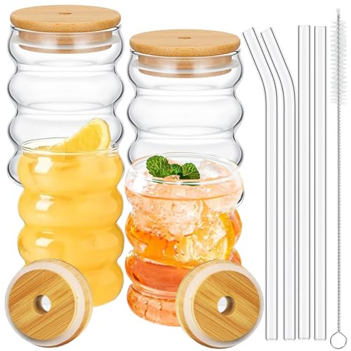 4 Stück Wellen Gläser Set mit 4 Deckel, 4 Strohhalm, 1 Reinigungsbürste, 350ml Gerippte Eiskaffee Gläser, Bubble Glas Wassergläser, Trinkgläser, Eiskaffeegläser, Wave Glas,Longdrinkgläser für Cocktail von Aurobest
