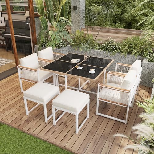 7-teiliges Esstisch- und Stuhlset für den Außenbereich für 6 Personen, Tisch aus gehärtetem Glas mit PE-Rattan-Umwicklung, Handlaufplatte aus Akazienholz, geeignet für Mahlzeiten im Hinterhof von Aurofurz