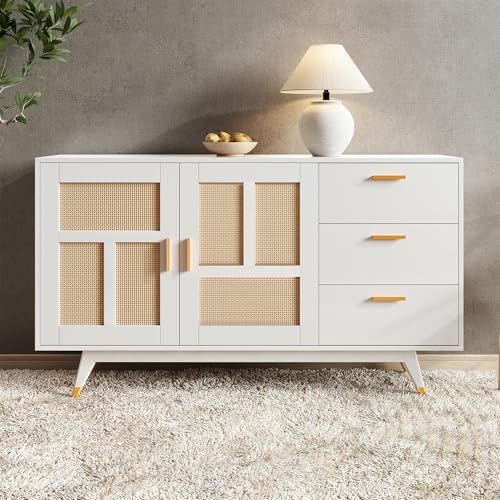 Aurofurz Rattan Kommode mit 3 Schubladen,160 * 40 * 87cm Schrank Multifunktionaler Aufbewahrungsschrank 2 Rattan Türen 3 Schubladen Buffet Gold Dekoration für Esszimmer Wohnzimmer von Aurofurz