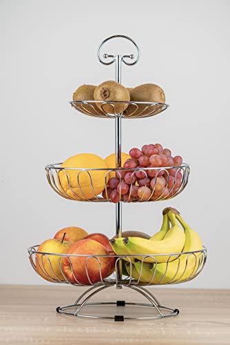 Auroni Obst Etagere rund 3 stöckig Obstkorb Metall Draht - Silber/Chrom - Obstschale Obstständer mehr Platz auf der Arbeitsplatte Küche - 47 cm hoch, max. Durchm. 30 cm zum Geschenkidee von Auroni