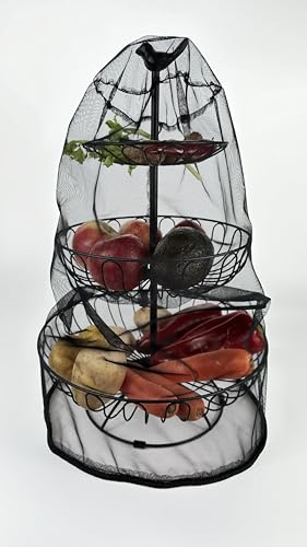 Auroni filigrane Obst Etagere mir Insekten - Schutz - Netz - 3 Stöckig Obstkorb Obstschale Metall - schwarz - modern - dekorativ für mehr Platz auf der Arbeitsplatte Hingucker - Landhaus Style von Auroni