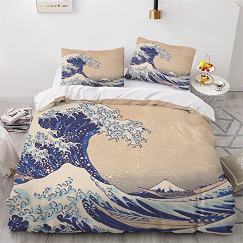 Bettbezüge 135x200 Mt. Fuji Kanagawa Riesenwellen 3D Motiv Bettwäsche Hochwertig Mikrofaser Bettwäsche-Sets Japan Weiche Bettwaren mit Reißverschluss und 2 Kissenbezug 80x80 für Kinder Jugendliche von Aurorai