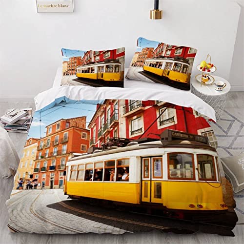 Bettbezüge 135x200 Straßenbahn 3D Motiv Bettwäsche Hochwertig Mikrofaser Bettwäsche-Sets Portugiesischer Jahrgang Weiche Bettwaren mit Reißverschluss und 2 Kissenbezug 80x80 für Kinder Jugendliche von Aurorai