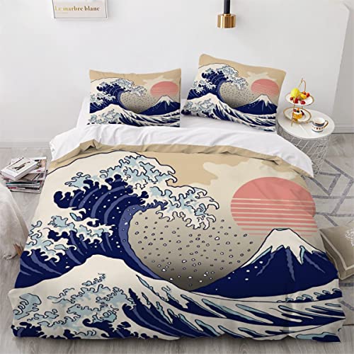 Bettwäsche 135x200 Kanagawa Big Wave Sonne 3D Druck Bettbezüge Kuschelig Atmungsaktive Bettwäsche-Sets 3 Teilig Japan Bunt Dekorativ Betten Set mit 2 Kissenbezug 80x80 für Jugendliche Kinder von Aurorai