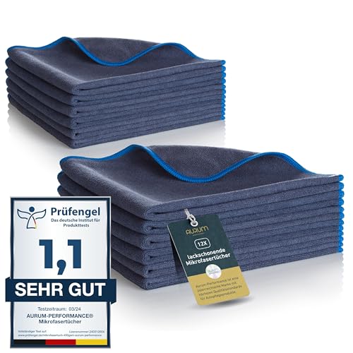 Aurum-Performance® Lackschonende Mikrofasertücher (400GSM, 12er Set) Autopflege Microfasertuch mit extremer Saugkraft – 100% fusselfreie Poliertücher – Auto Microfasertücher 40x40cm von Aurum-Performance