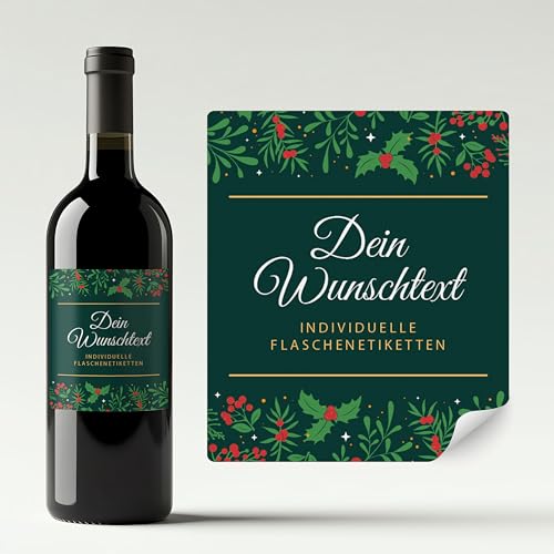 Aufkleber selbst gestalten für Weinflaschen – Flaschenetiketten Weihnachten, Silvester, Neujahr mit eigenem Text – selbstklebend, wasserfest – personalisierte Geschenke mit Namen - BEEREN GRÜN von Ausgewählt verpackt