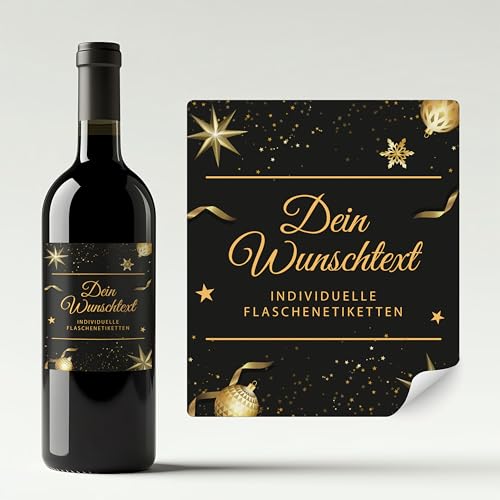 Aufkleber selbst gestalten für Weinflaschen – Flaschenetiketten Weihnachten, Silvester, Neujahr mit eigenem Text – selbstklebend, wasserfest – personalisierte Geschenke mit Namen - STERNE SCHWARZ von Ausgewählt verpackt