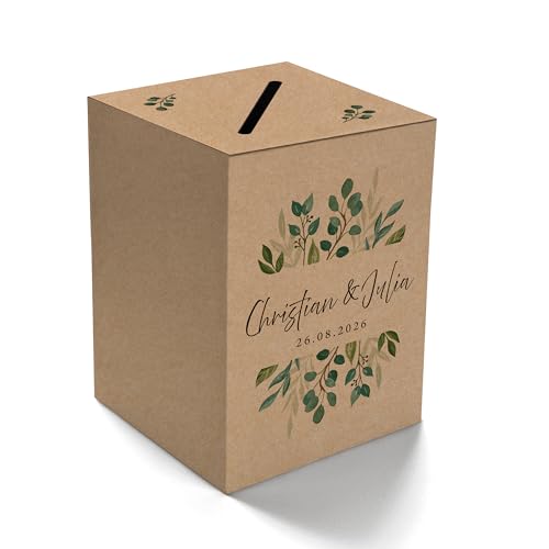 Ausgewählt verpackt Kartenbox Hochzeit selbst gestalten – Geschenkbox mit Namen des Brautpaares, Datum – Hochzeitsbox für Geldgeschenke – Briefbox, Geldbox am Geburtstag (Motiv-1, braun) von Ausgewählt verpackt
