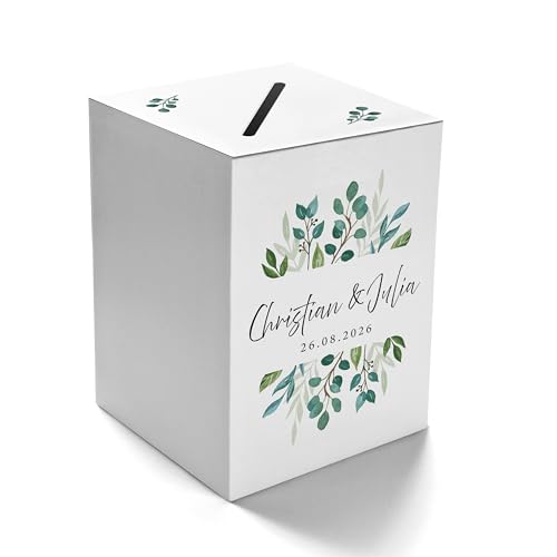 Ausgewählt verpackt Kartenbox Hochzeit selbst gestalten – Geschenkbox mit Namen des Brautpaares, Datum – Hochzeitsbox für Geldgeschenke – Briefbox, Geldbox am Geburtstag (Motiv-1, weiß) von Ausgewählt verpackt