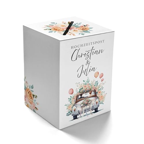 Ausgewählt verpackt Kartenbox Hochzeit selbst gestalten – Geschenkbox mit Namen des Brautpaares, Datum – Hochzeitsbox für Geldgeschenke – Briefbox, Geldbox am Geburtstag (Motiv-5, weiß) von Ausgewählt verpackt