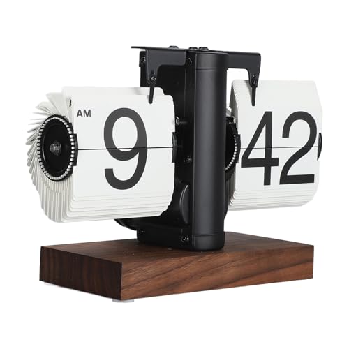 Ausla Große, Glatte Zahlen und Retro Design Flip Clock mit Holzsockel, Digitale Umklappuhr Automatische, Umklappuhr Retro Umklappuhr für das Wohnzimmer, 12 Stunden (Schwarzer Rahmen, von Ausla