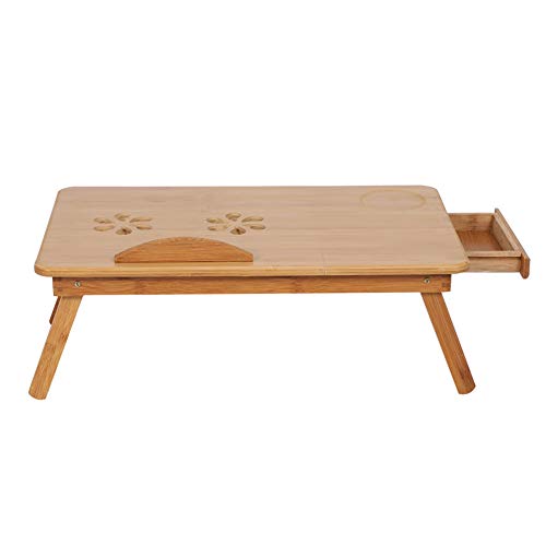 Verstellbarer Laptop-Schreibtisch aus Bambus, Faltbarer Bett-Schoßtisch mit Belüftungslöchern, Rutschfester Schallwand, Kleiner Schublade und Tassenrille von Ausla