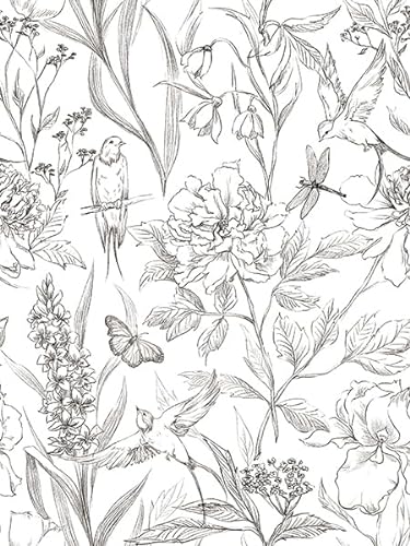Auspicium Schwarze und weiße Blumen abziehen und kleben Tapete selbstklebende abnehmbare Vintage Blumentapete Vinyl Blumen Kontakt Papier für die Dekoration Schlafzimmer Bad Haus Wände (17,3 "x118) von Auspicium