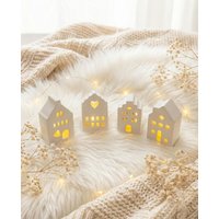 Lichthäuser - 4Er Set Inkl. Ballonlichter Raysin Mini Deko Häuser Weiß Advents- Und Weihnachtsdeko Lichterdorf Geschenkidee von AuszeitGestalten