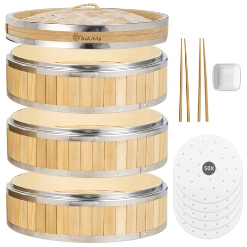 AutJrny Vertikaler Bambus-Dampfkorb, 30 cm, 3-stöckig, mit Edelstahlringen, 50 Einlagen, Saucenschale und 2 Essstäbchen, Kochtopf für Brötchen, Knödel, Reis, Gemüse, Dim Sum von AutJrny