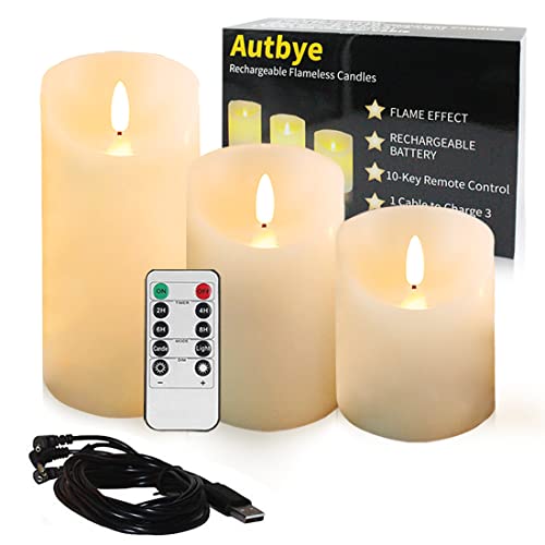 Autbye Flammenlose Elektrische Kerzen Wiederaufladbarer Batterie 3 Stück Tropfloses Echtes Wachs Säulen LED Flackern 10-Tasten-Fernbedienung von Autbye