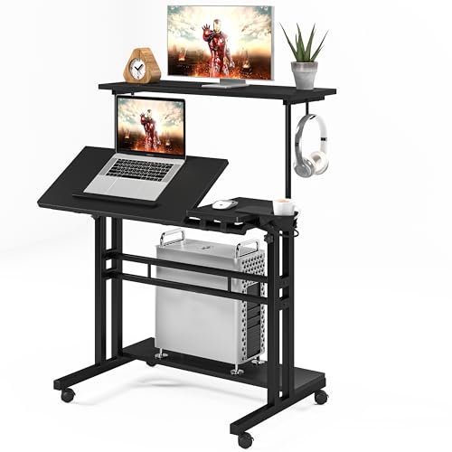 Autex Mobiler Stehschreibtisch mit 3 Schreibtischen, verstellbarer Rolltisch mit Rollen und Getränkehalter, idealer Laptop-Schreibtisch für Zuhause und Büro, tragbarer Computertisch für kleine Räume von Autex