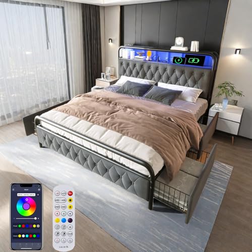 Bett 180x200 mit LED und USB Type C und APP-Control, Polsterbett 180x200cm mit 4 Schubladen und Kopfteil, Doppelbett mit Lattenrost, Stauraumbett Jugendbett Metallbett Bettgestell aus Samt -Grau von Autheria
