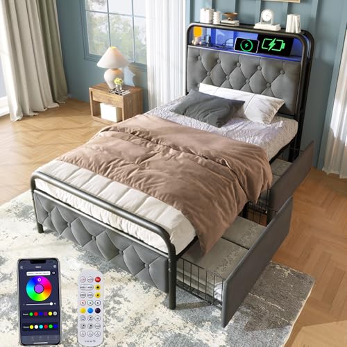 Bett 90x200 mit LED und USB Type C und APP-Control, Polsterbett 90x200cm mit Kopfteil und 2 Schubladen, Einzelbett mit Lattenrost, Stauraumbett Jugendbett Metallbett Bettgestell aus Samt -Grau Bett 90x200 mit LED und USB Type C und APP-Control, Polsterbett 90x200cm mit Kopfteil und 2 Schubladen, Einzelbett mit Lattenrost, Stauraumbett Jugendbett Metallbett Bettgestell aus Samt -Grau von Autheria