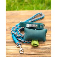 Handgemachte Personalisierte Petrol Seil Hundeleine & Leder Poop Tasche Halter - Geflochtene Leine Türkis Walking Set, Hund Mama Geschenk, Welpen von AuthorL