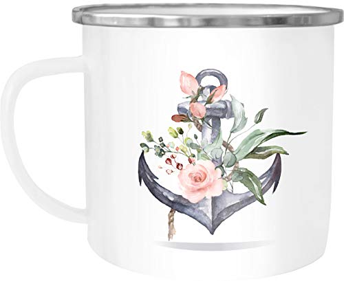 Autiga® Emaille Tasse Becher Kaffee-Tasse Anker Blumen Watercolor Tee-Tasse weiß-metall unisize von Autiga