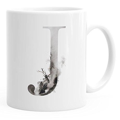 Autiga Buchstaben-Tasse J Tasse mit Buchstabe Alphabet Monogramm Watercolor gezeichnet Kaffeetasse weiß unisize von Autiga