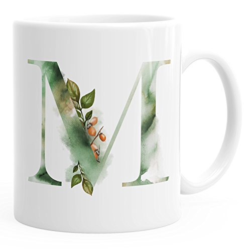 Autiga Buchstaben-Tasse M Tasse mit Buchstabe Alphabet Monogramm Watercolor gezeichnet Kaffeetasse weiß unisize von Autiga