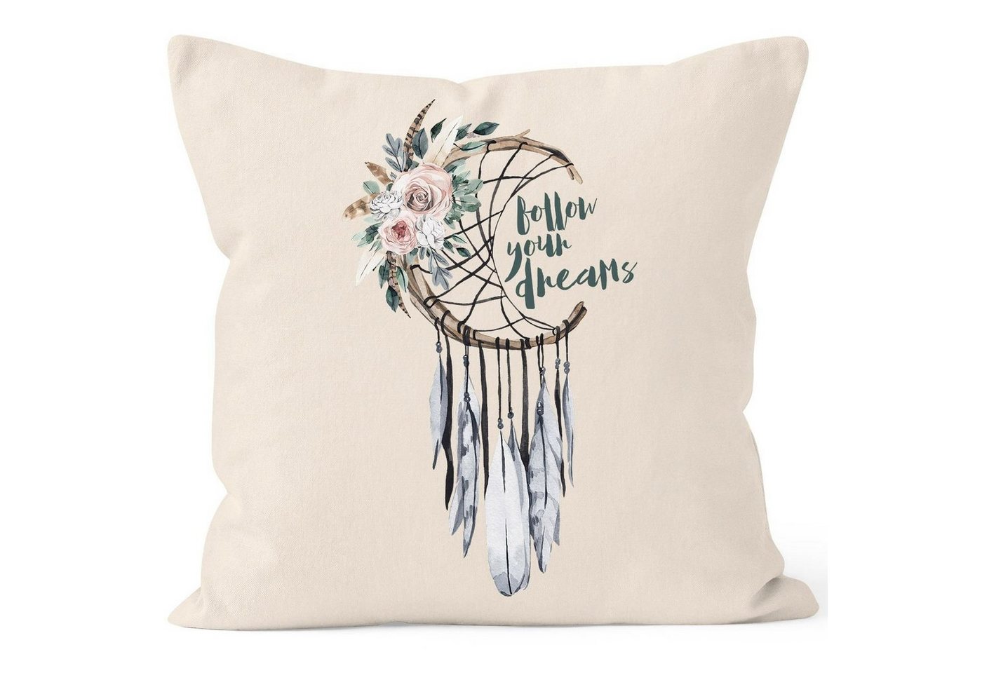 Autiga Dekokissen Kissenbezug Traumfänger Dreamcatcher Follow your Dreams Spruch Blumen Federn Spruch Boho Kissen-Hülle Deko-Kissen Autiga® von Autiga