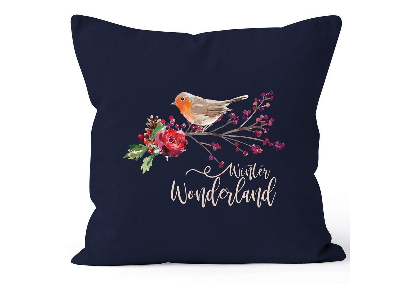 Autiga Dekokissen Kissenbezug Weihnachten Winterwonderland Vogel Rotkehlchen Blumen Misteln Christmas Bird Autiga® von Autiga