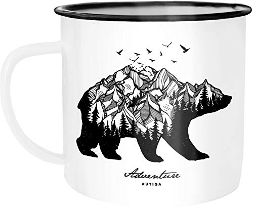 Autiga Emaille Tasse Becher Bär Berge Wald Abenteuer Bear Mountains Adventure Kaffee-Tasse weiß-schwarz unisize von Autiga