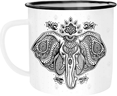 Autiga Emaille Tasse Becher Elefant Zentangle Mandala Kaffee-Tasse Campingtasse weiß-schwarz unisize von Autiga