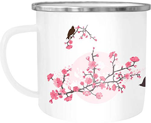 Autiga Emaille Tasse Becher Kirschblüten Vögel Vogel Blumen Blüten Flower Cherry Tree Birds Kaffee-Tasse weiß-metall unisize von Autiga