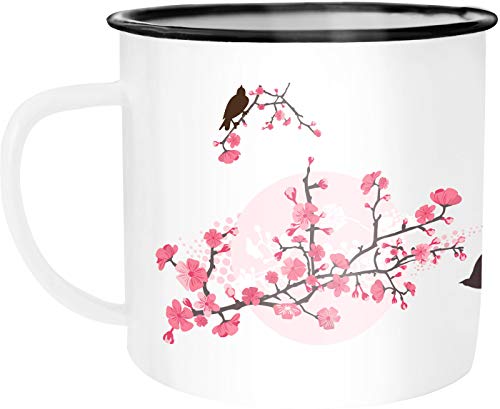 Autiga Emaille Tasse Becher Kirschblüten Vögel Vogel Blumen Blüten Flower Cherry Tree Birds Kaffee-Tasse weiß-schwarz unisize von Autiga