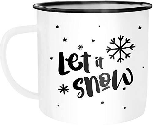 Autiga Emaille Tasse Becher Let it snow Weihnachten Schnee Schneeflocken Weihnachts-Tasse Kaffee-Tasse weiß-schwarz unisize von Autiga