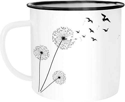 Autiga Emaille Tasse Becher Pusteblume Vögel Dandelion Birds Kaffee-Tasse weiß-schwarz unisize von Autiga