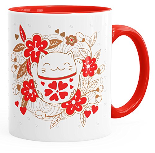 Autiga Kaffee-Tasse Glückstasse Glückskatze Winkekatze Geschenk-Tasse rot unisize von Autiga