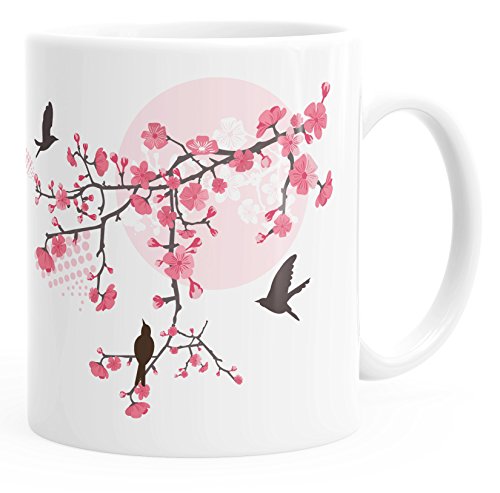 Autiga Kaffee-Tasse Kirschblüten Vögel Vogel Blumen Blüten Flower Cherry Tree Birds Tasse einfarbig weiß unisize von Autiga