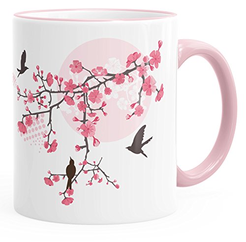 Autiga Kaffee-Tasse Kirschblüten Vögel Vogel Blumen Blüten Flower Cherry Tree Birds Tasse mit Farbkante rosa unisize von Autiga