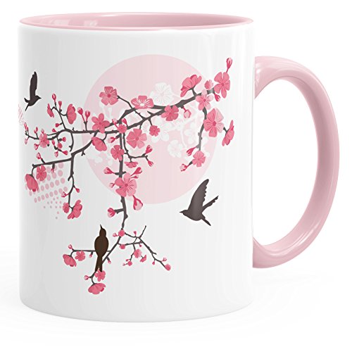 Autiga Kaffee-Tasse Kirschblüten Vögel Vogel Blumen Blüten Flower Cherry Tree Birds Tasse mit Innenfarbe rosa unisize von Autiga