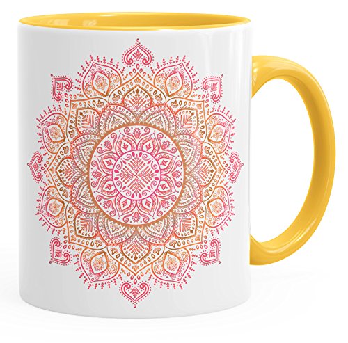 Autiga Kaffee-Tasse Mandala Ethno Boho Kaffeetasse Teetasse Keramiktasse mit Innenfarbe gelb unisize von Autiga