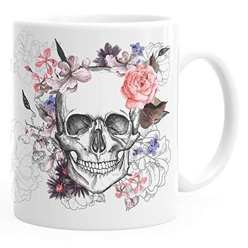 Autiga Kaffee-Tasse Totenkopf Blumen Flower Skull Boho Schädel Teetasse Keramiktasse weiß Kaffeetasse von Autiga