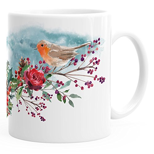 Autiga Kaffee-Tasse Vogel Rotkehlchen Blumen Misteln Watercolor Bird Weihnachten Christmas weiß unisize von Autiga