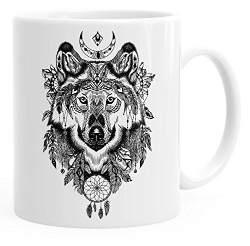 Autiga Kaffee-Tasse Wolf Atzekenmuster Boho Bohamian Atzec Animal Ethno einfarbig weiß unisize von Autiga